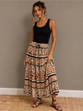 Tiered Maxi Skirt in Beige  Print - Free Size